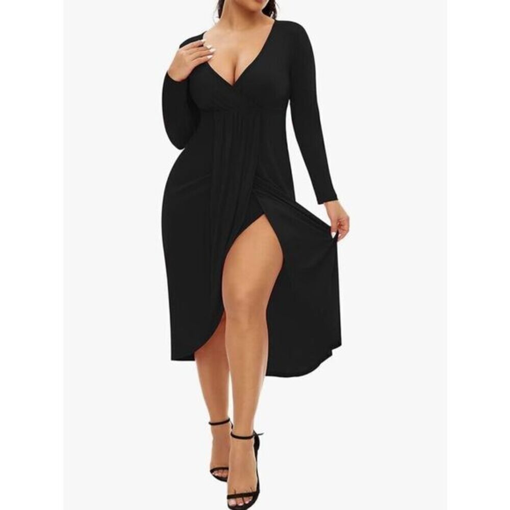 Womens 3X Black Dress Long Sleeve V Neck High Low Ruched‎ Asymmetry Front Slit